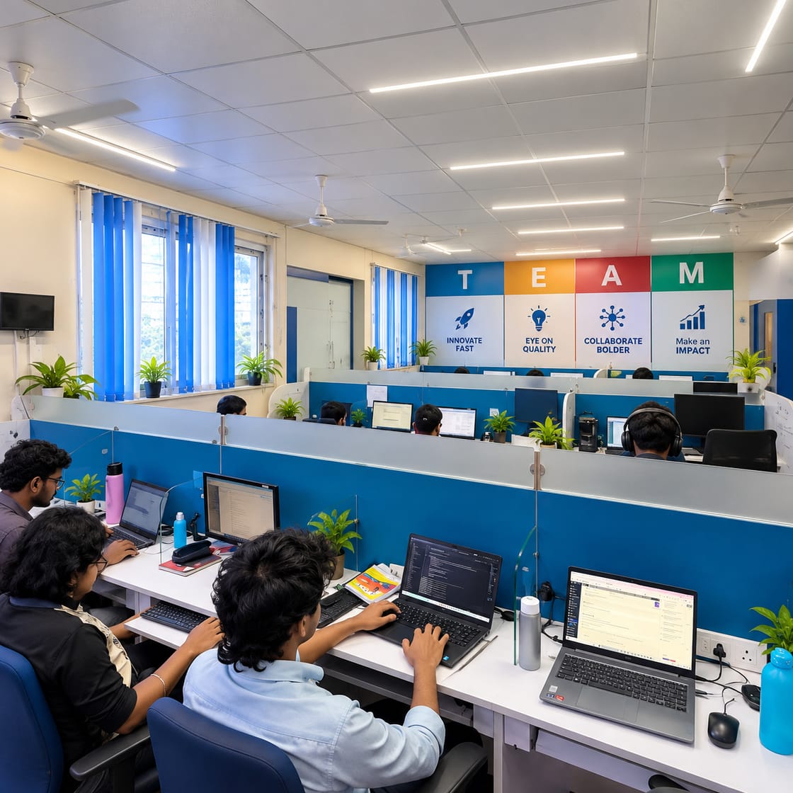 The Pubrica editorial floor: staff working at desks in an open-plan office.