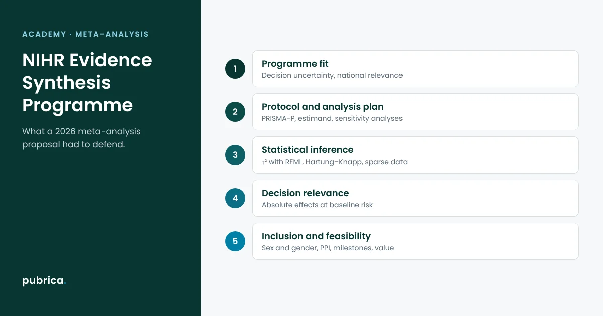 NIHR Evidence Synthesis Programme proposal path from programme fit to statistical plan, inclusion and impact