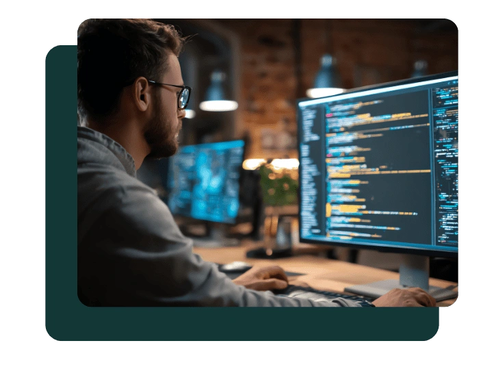 Software developer analyzing code algorithm on multiple monitors