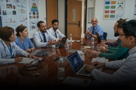 Healthcare professionals discussing medical cases around a conference table