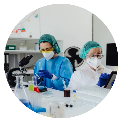 Scientists working in a laboratory conducting biosimilar research and analysis