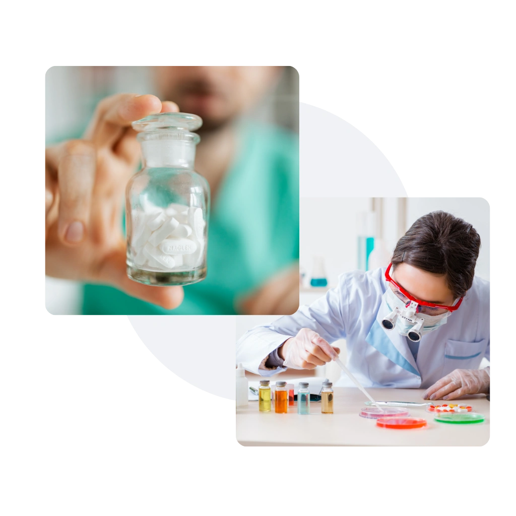 Scientist holding a glass vial of medicine during the drug discovery phase