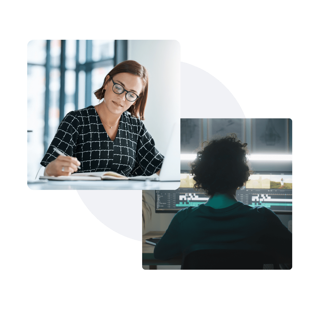Researchers drafting and reviewing manuscript submission