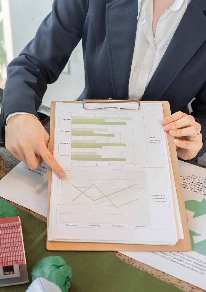 Person reviewing research graphs and clipboard