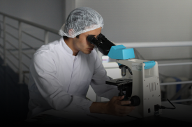 Lab scientist working with microscope