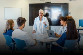Healthcare team sitting in conference presentation room
